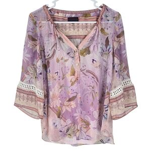 Hale Bob 100% Silk 3/4 Sleeve Floral Blouse Crochet Details Semi Sheer Keyhole